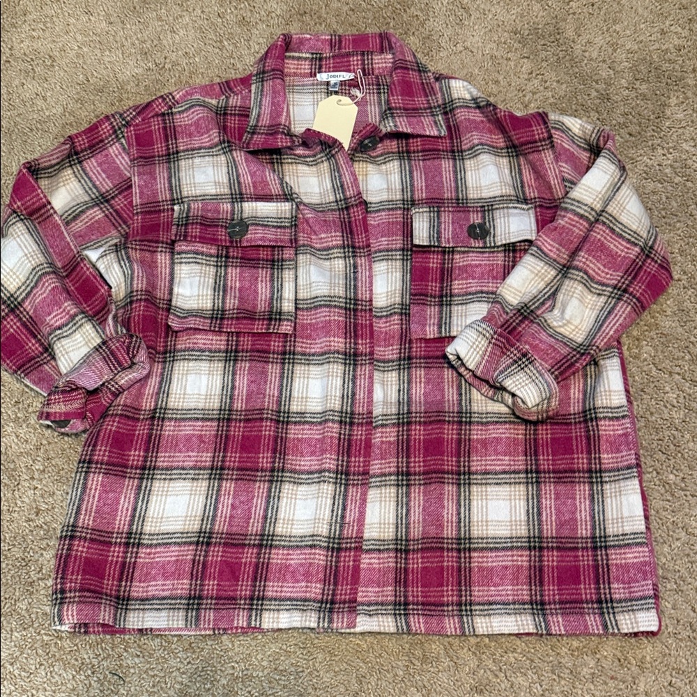JODIFL Women's Plaid Button-Down Shirt in Pink and White